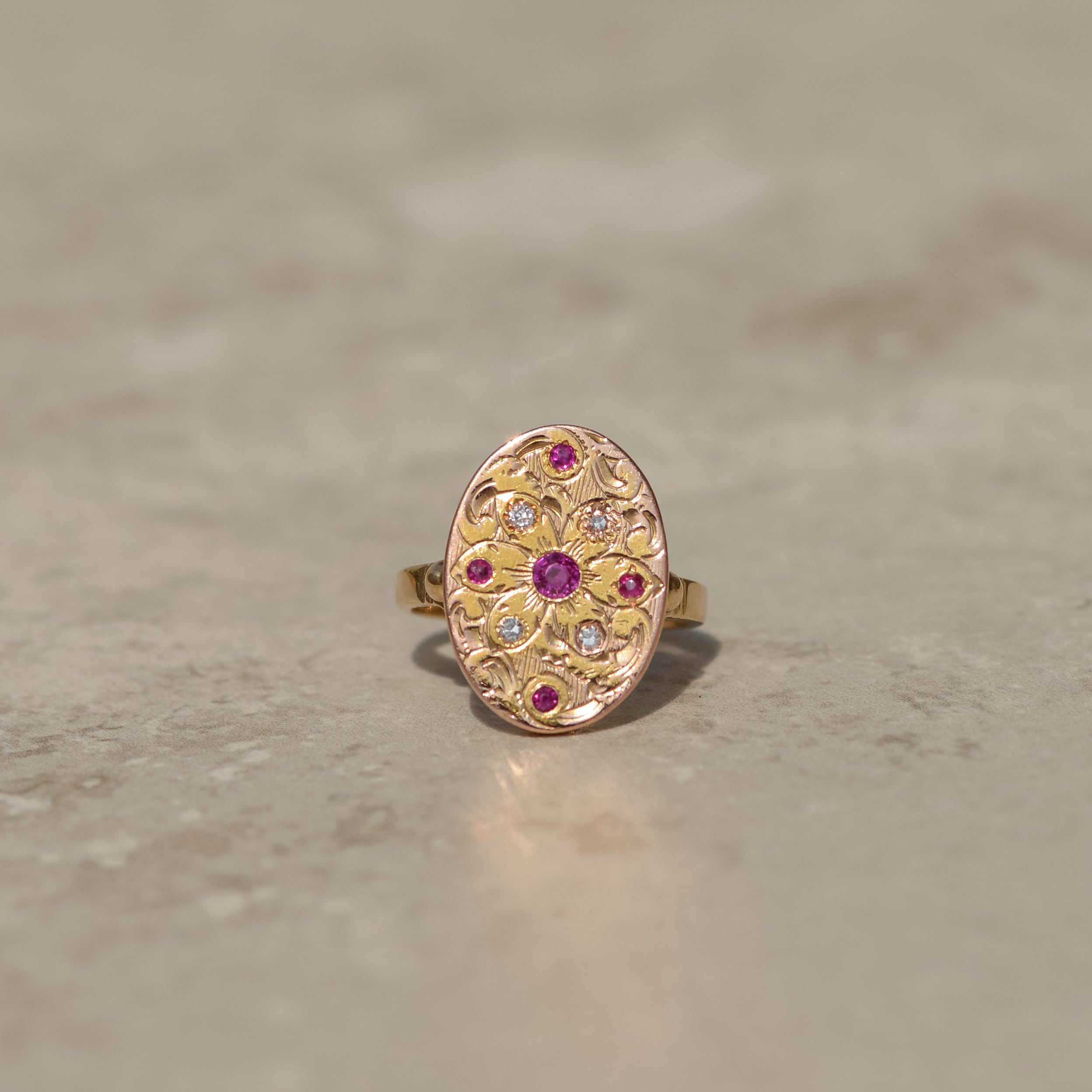 Victorian Engraved Ruby and Diamond Signet