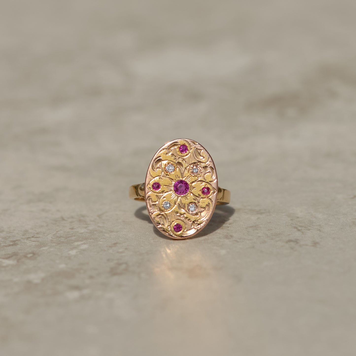 Victorian Engraved Ruby and Diamond Signet