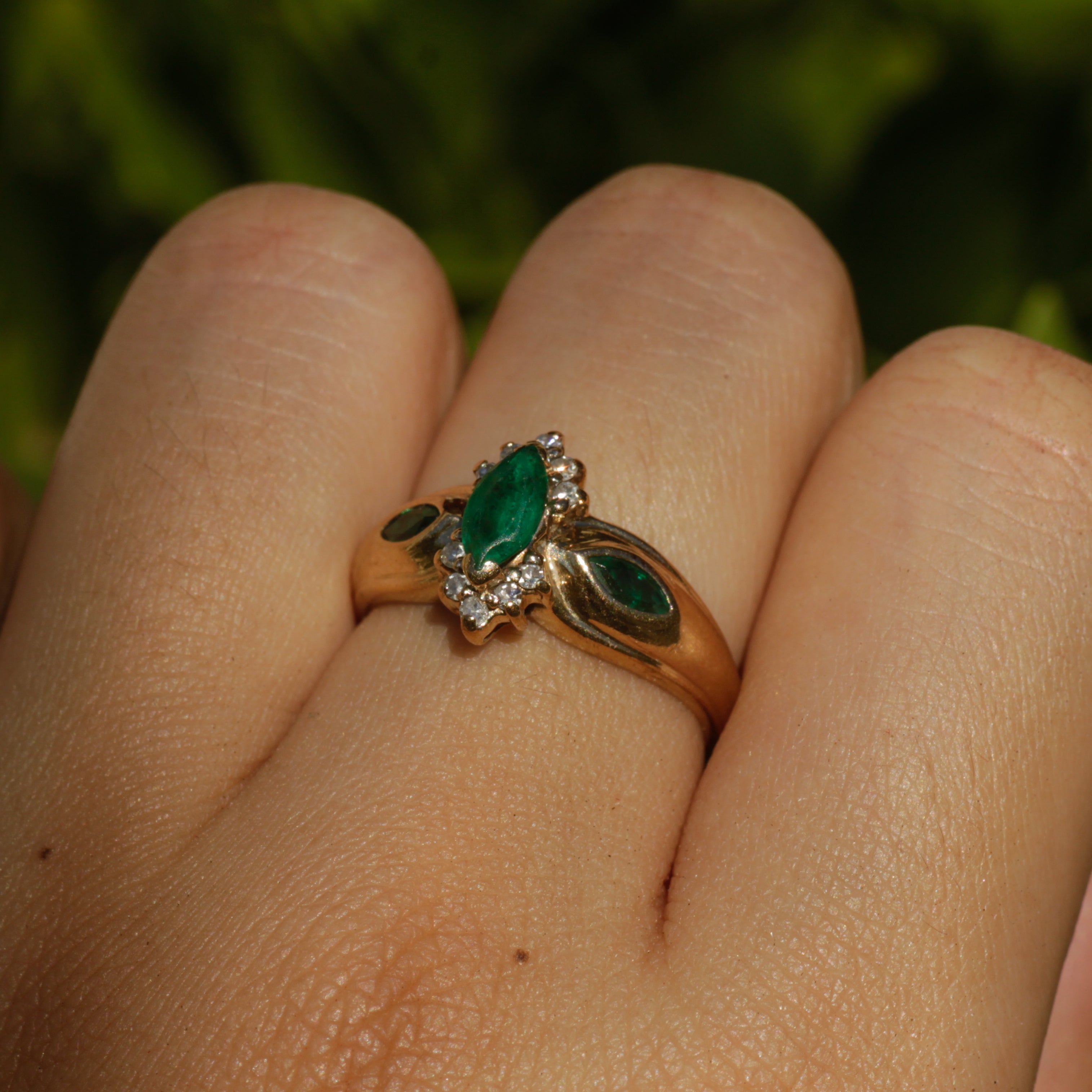Vintage 10k Marquise-Cut Emerald & Diamond Ring Sz 6.5