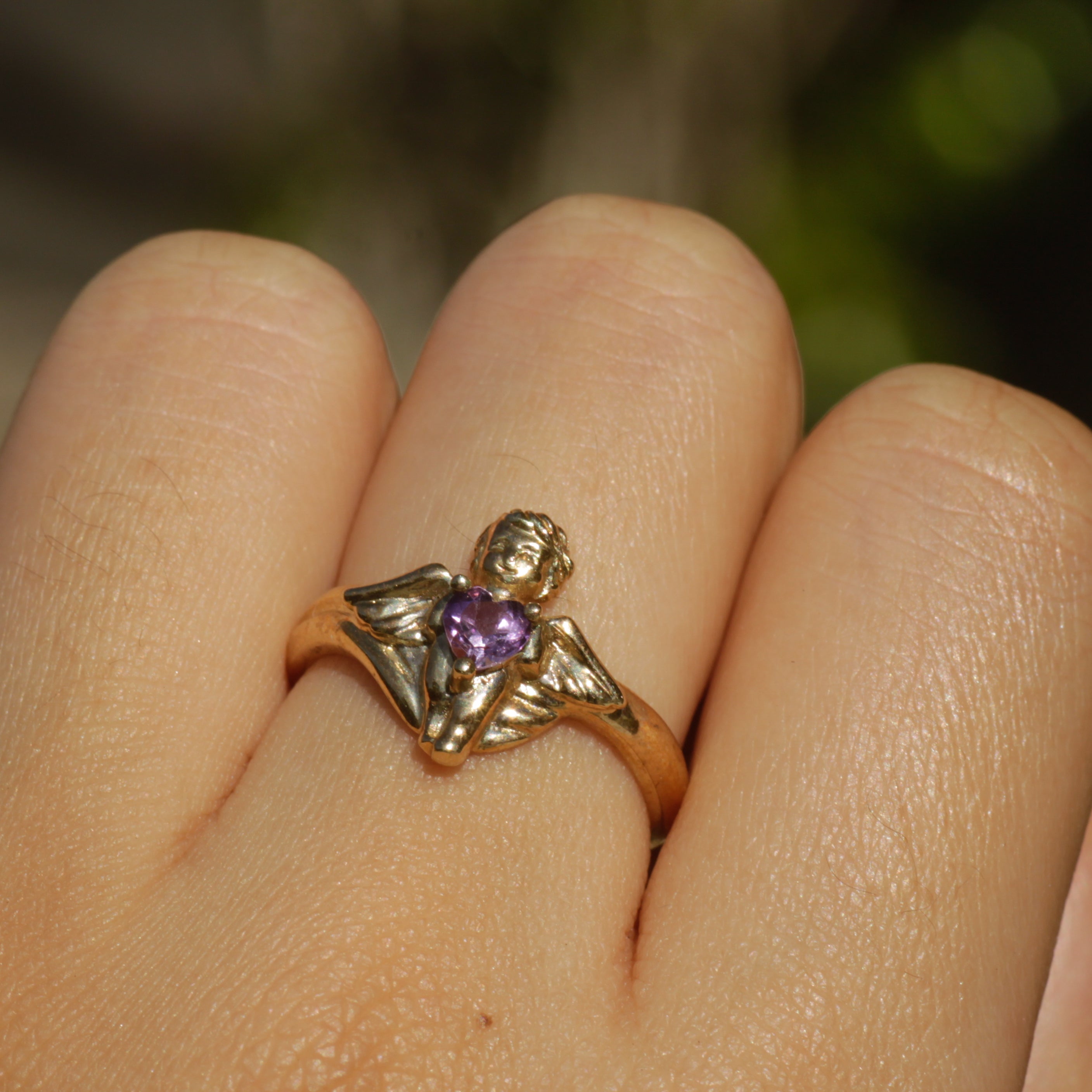 Vintage Amethyst Heart Angel Ring 10k Sz 7