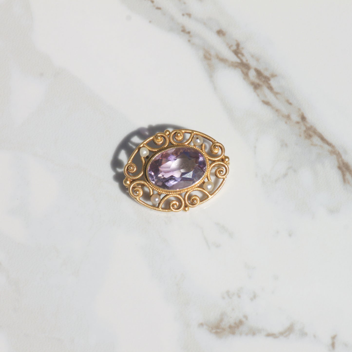 Antique Amethyst and Pearl Brooch 14k Gold