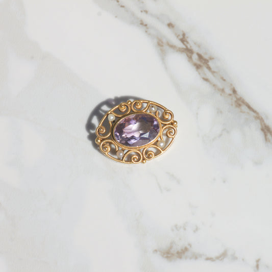 Antique Amethyst and Pearl Brooch 14k Gold