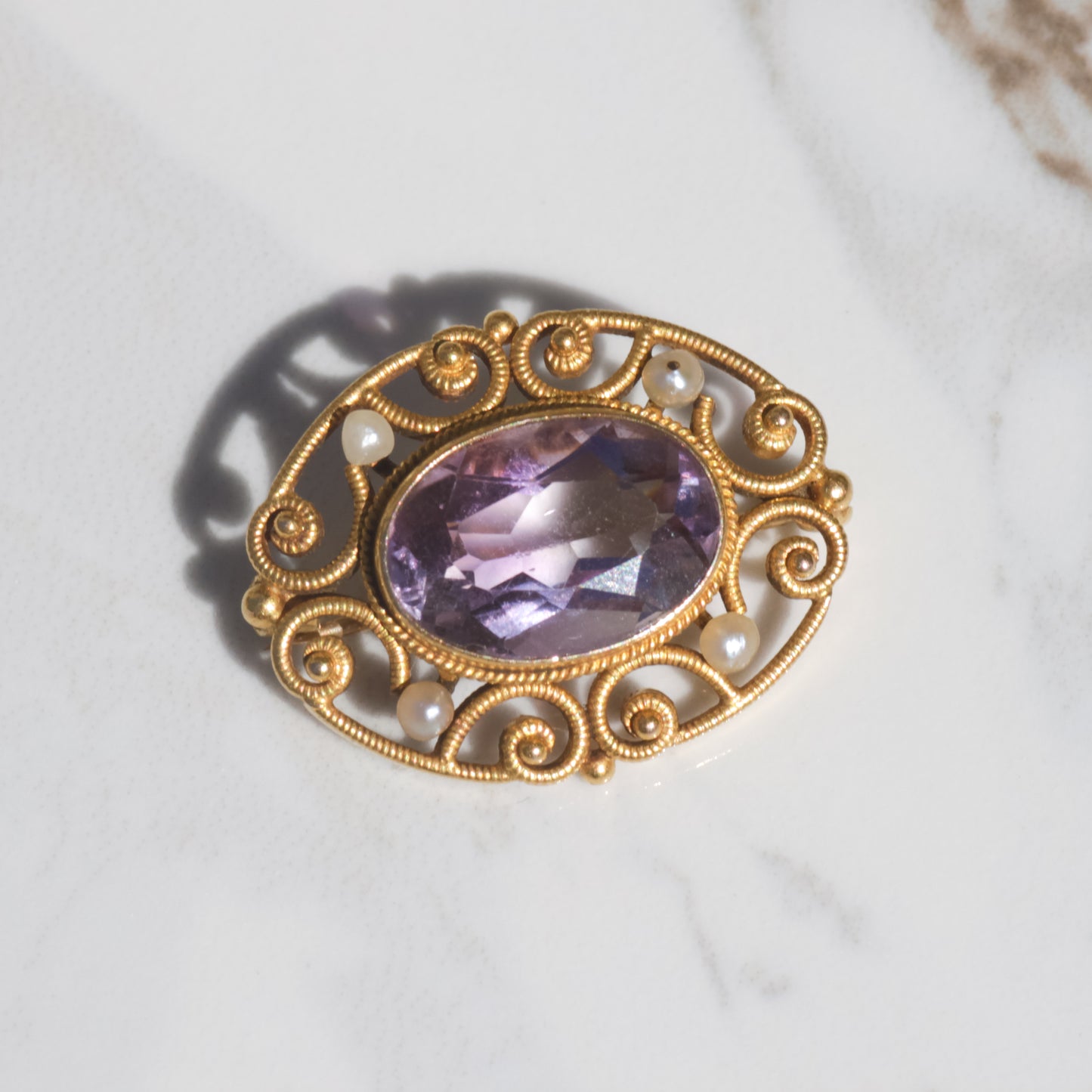 Antique Amethyst and Pearl Brooch 14k Gold