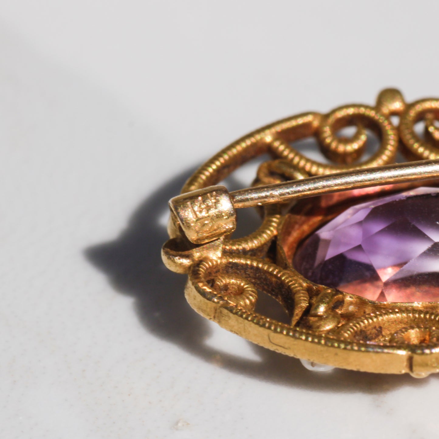 Antique Amethyst and Pearl Brooch 14k Gold