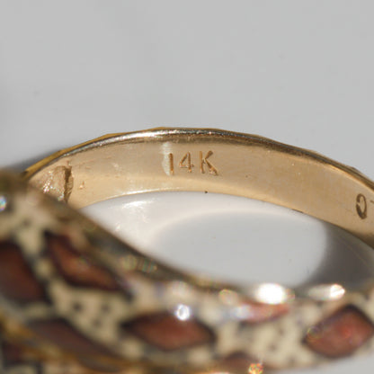 Vintage Brown Enamel Snake Ring 14k Gold Sz 6 3/4