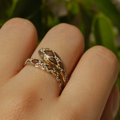 Vintage Brown Enamel Snake Ring 14k Gold Sz 6 3/4