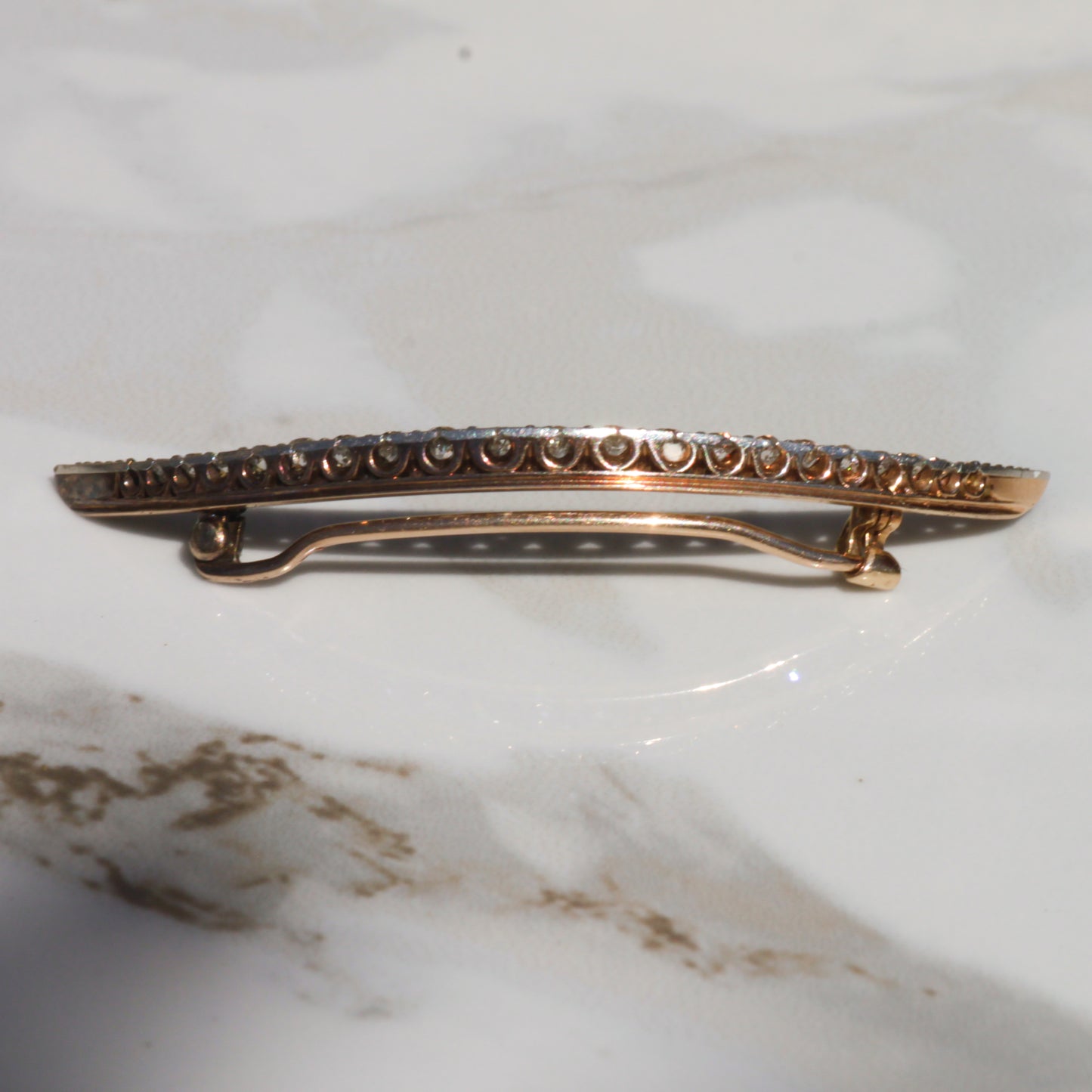 Antique Art Deco Diamond Crescent Brooch, Platinum and 14k Gold