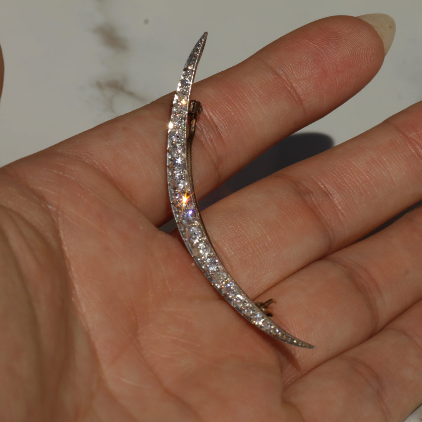 Antique Art Deco Diamond Crescent Brooch, Platinum and 14k Gold