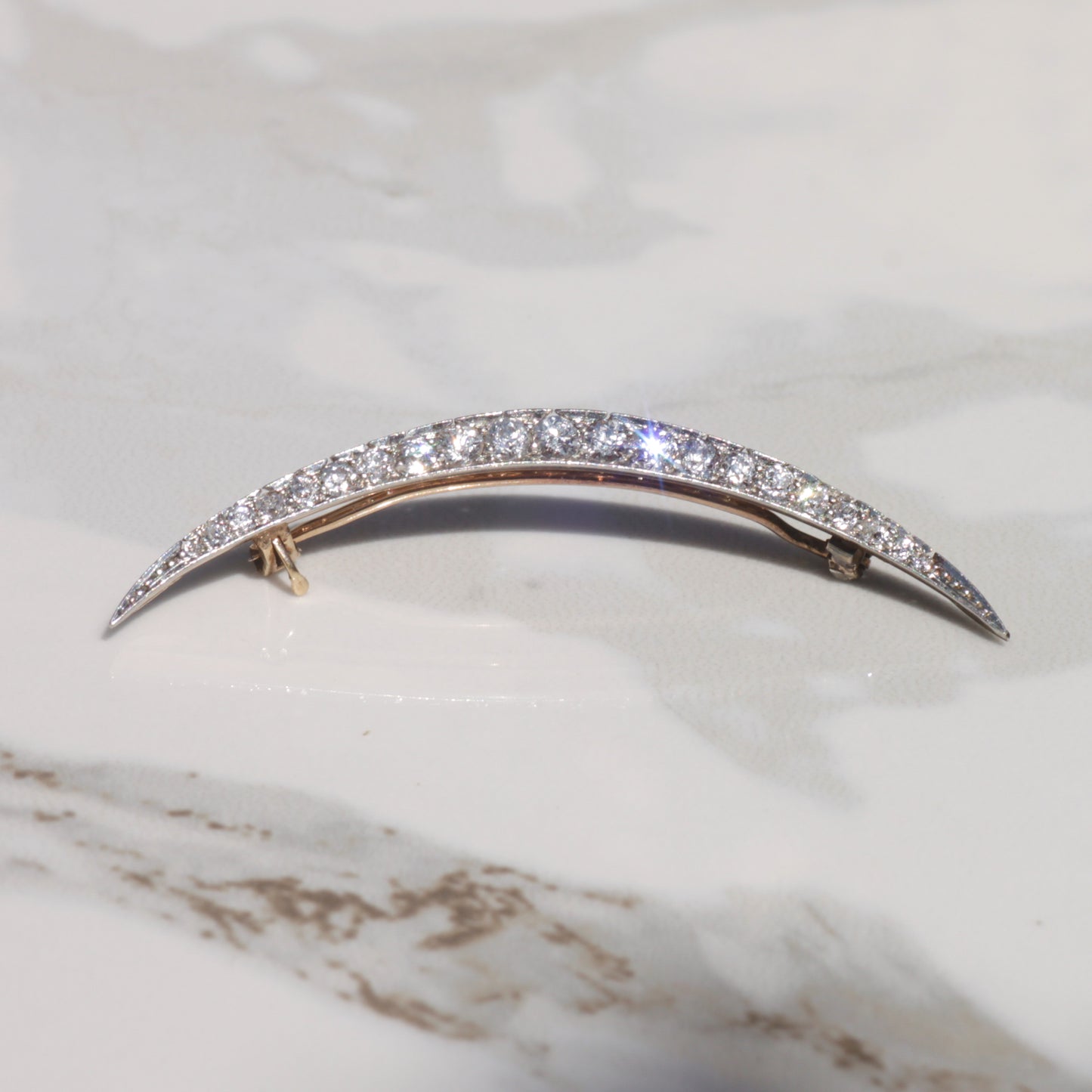 Antique Art Deco Diamond Crescent Brooch, Platinum and 14k Gold