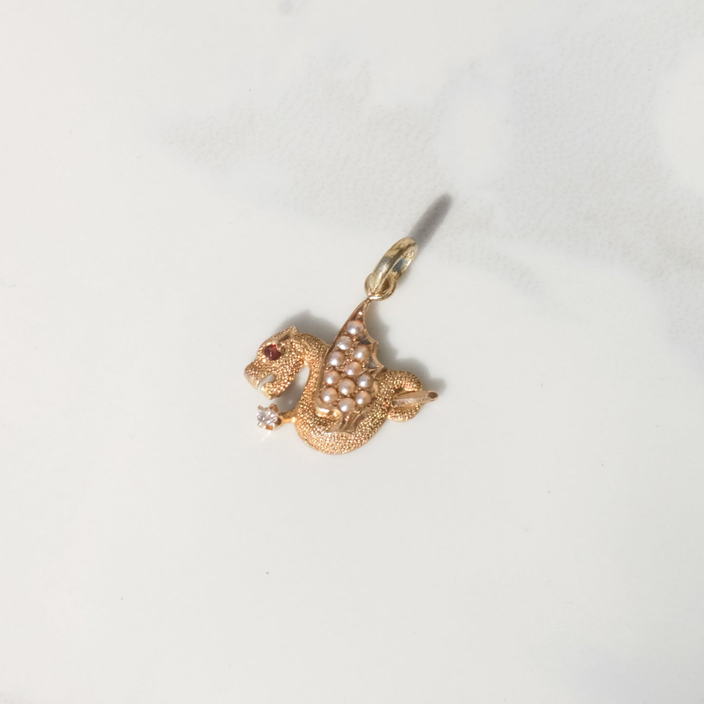 Antique Pearl & Diamond Dragon Charm Pendant 14k