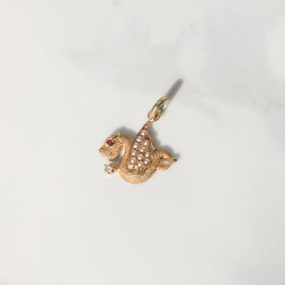 Antique Pearl & Diamond Dragon Charm Pendant 14k