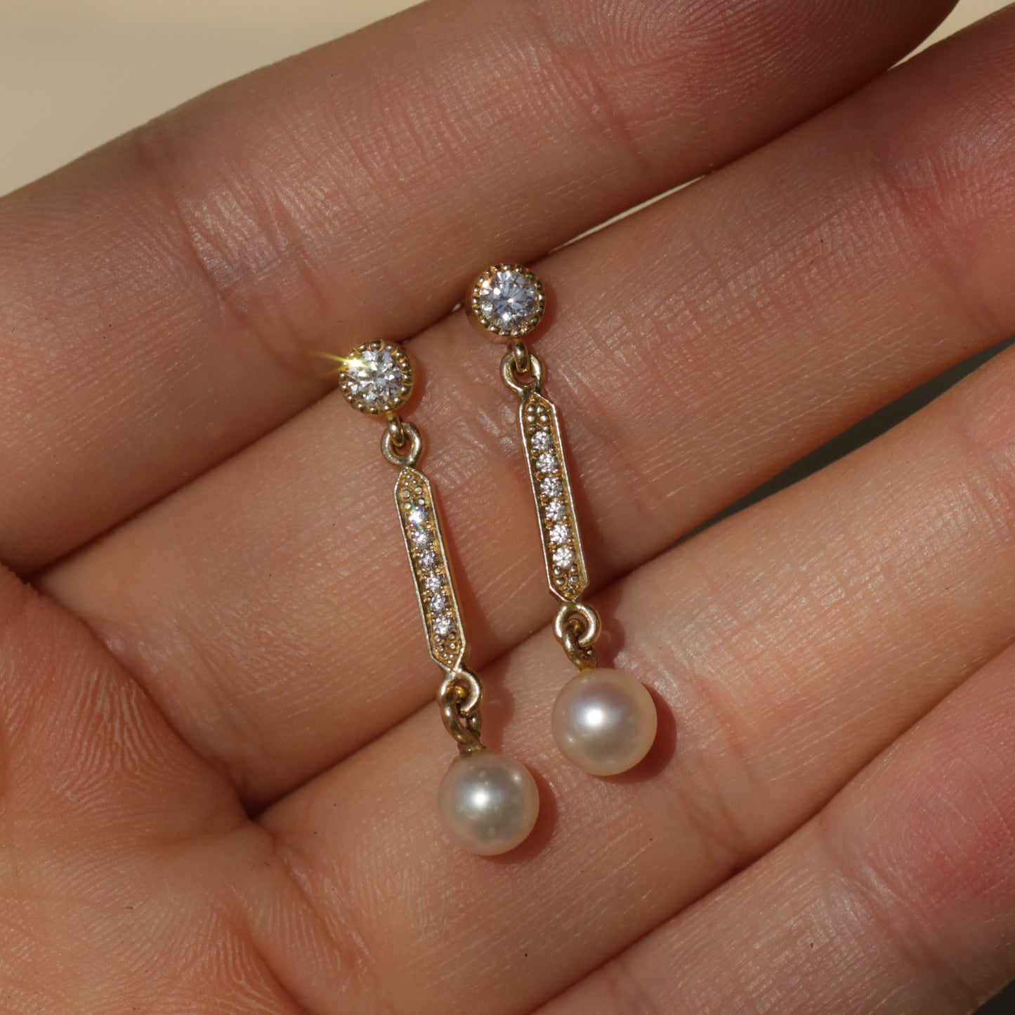 Vintage Diamond and Pearl Drop Earrings 14k Gold