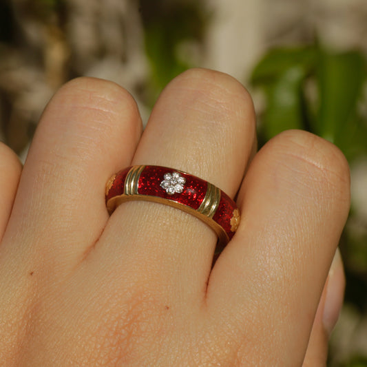 Vintage Red Enamel & Diamond Band 14k Sz 7 1/2