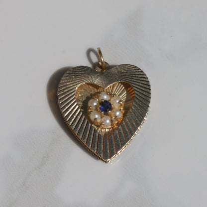 Vintage Seed Pearl + Topaz Engine-Turned Heart Pendant 14k Gold