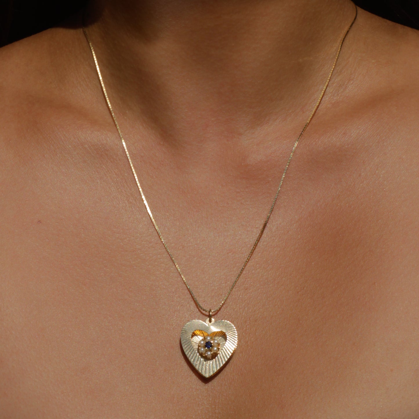 Vintage Seed Pearl + Topaz Engine-Turned Heart Pendant 14k Gold