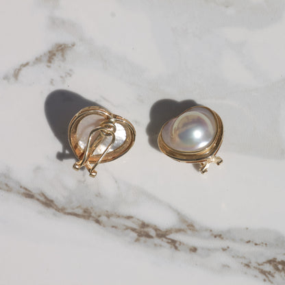 Vintage Heart-Shaped Mabe Pearl Lever-Back Ear Clips 14k