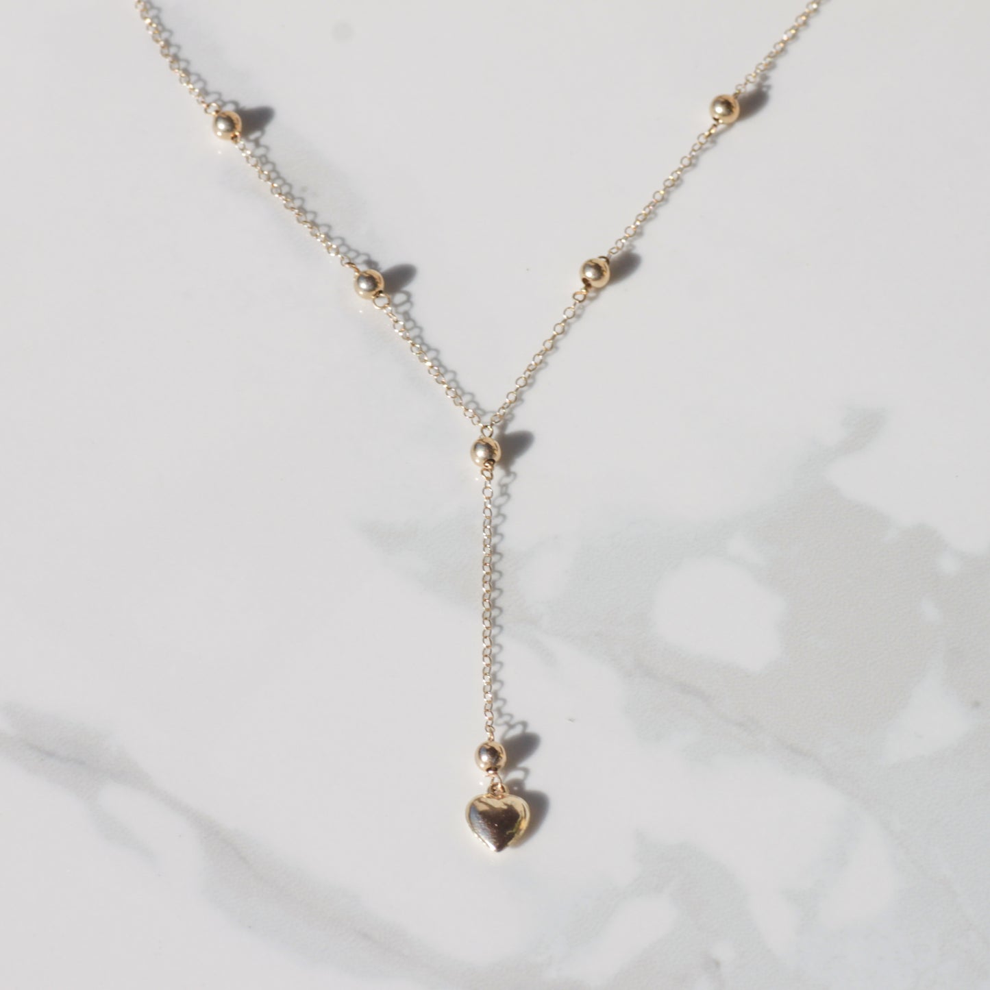 Handmade Station Bead + Puffy Heart Lariat Necklace 14k