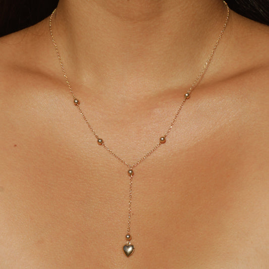 Handmade Station Bead + Puffy Heart Lariat Necklace 14k