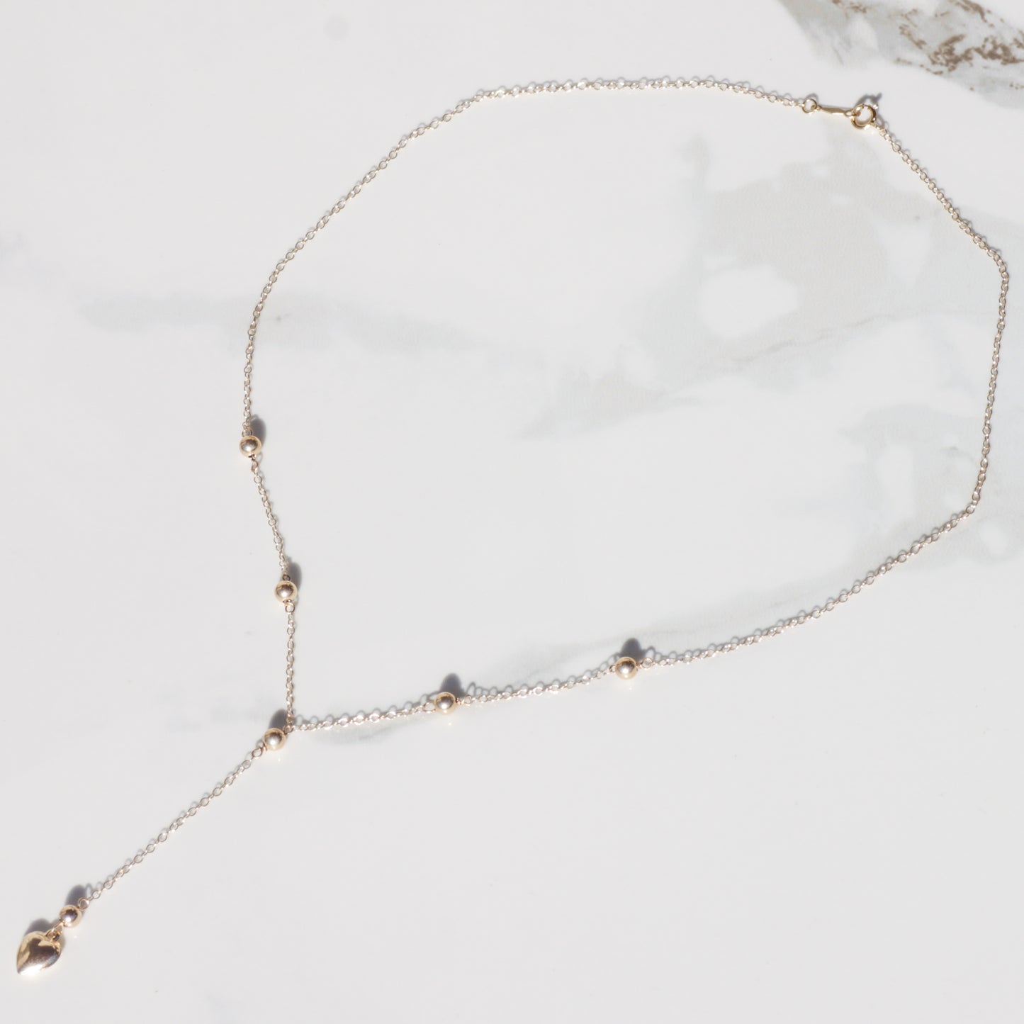 Handmade Station Bead + Puffy Heart Lariat Necklace 14k