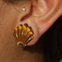 Vintage Carved Tiger's Eye Shell Statement Leverback Earrings 14k