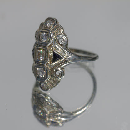 Antique Art Deco Filigree Diamond and Sapphire Belais Ring 18k White Gold