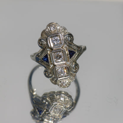 Antique Art Deco Filigree Diamond and Sapphire Belais Ring 18k White Gold