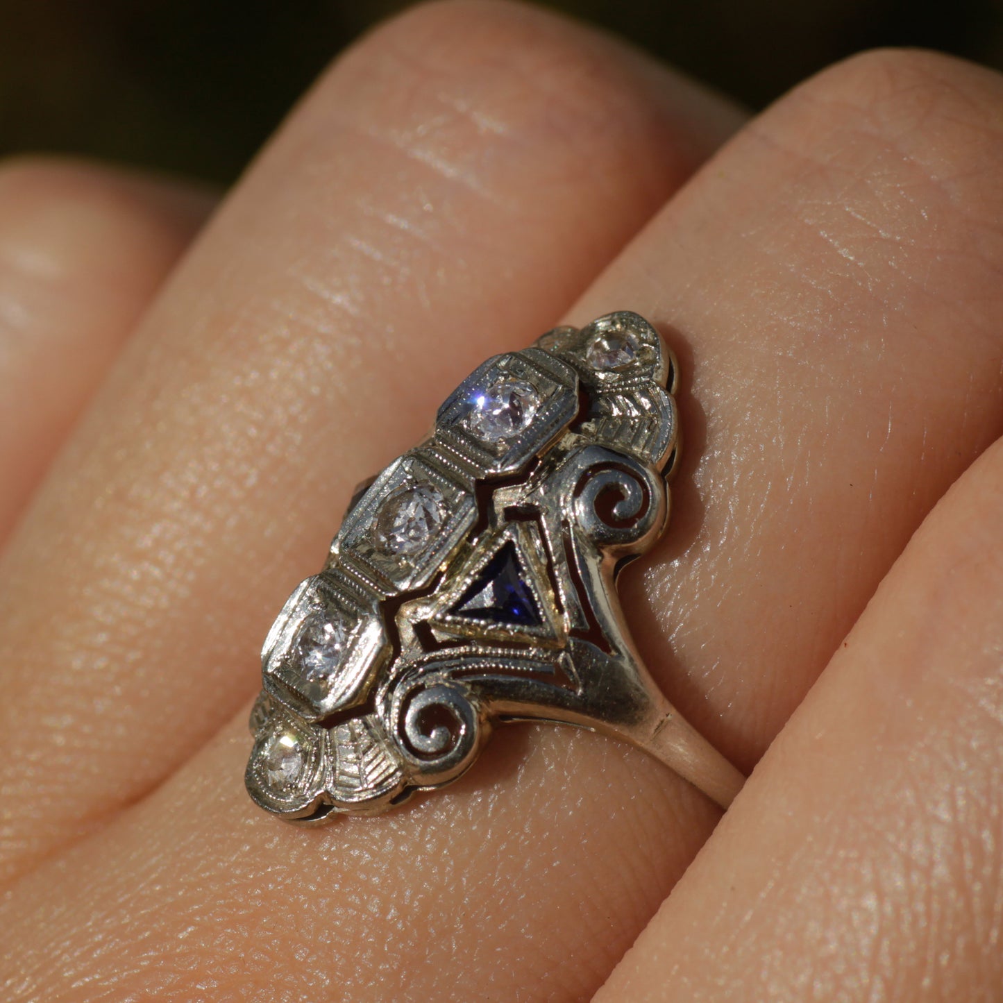 Antique Art Deco Filigree Diamond and Sapphire Belais Ring 18k White Gold