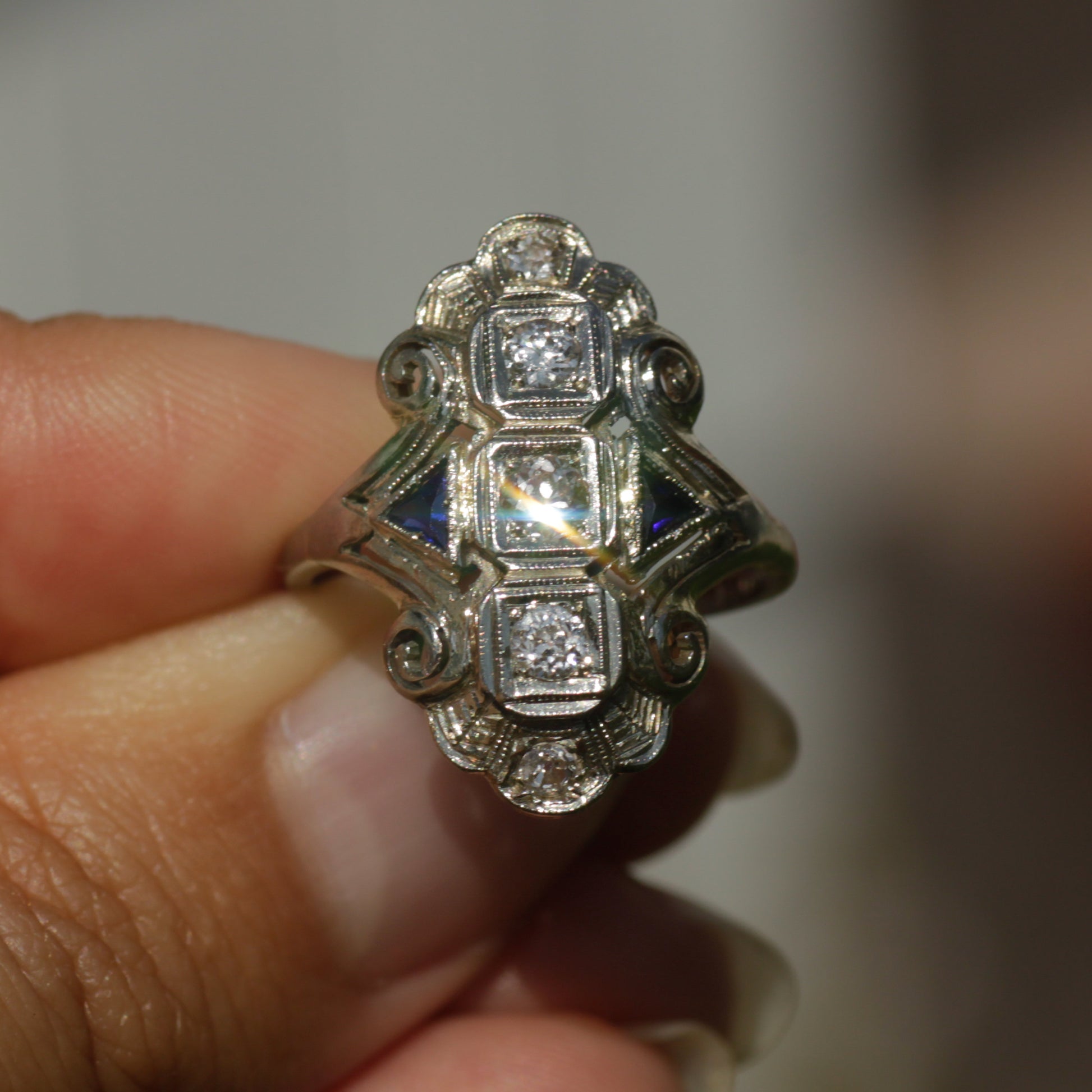 Antique Art Deco Filigree Diamond and Sapphire Belais Ring 18k White Gold