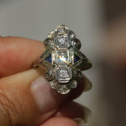 Antique Art Deco Filigree Diamond and Sapphire Belais Ring 18k White Gold