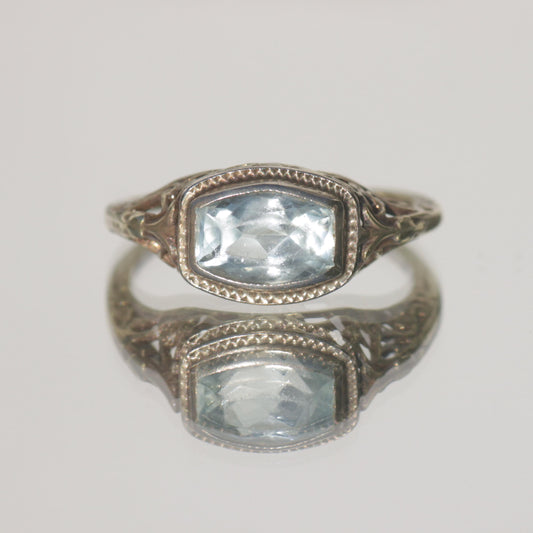Vintage Edwardian Style Filigree Aquamarine Ring 14k