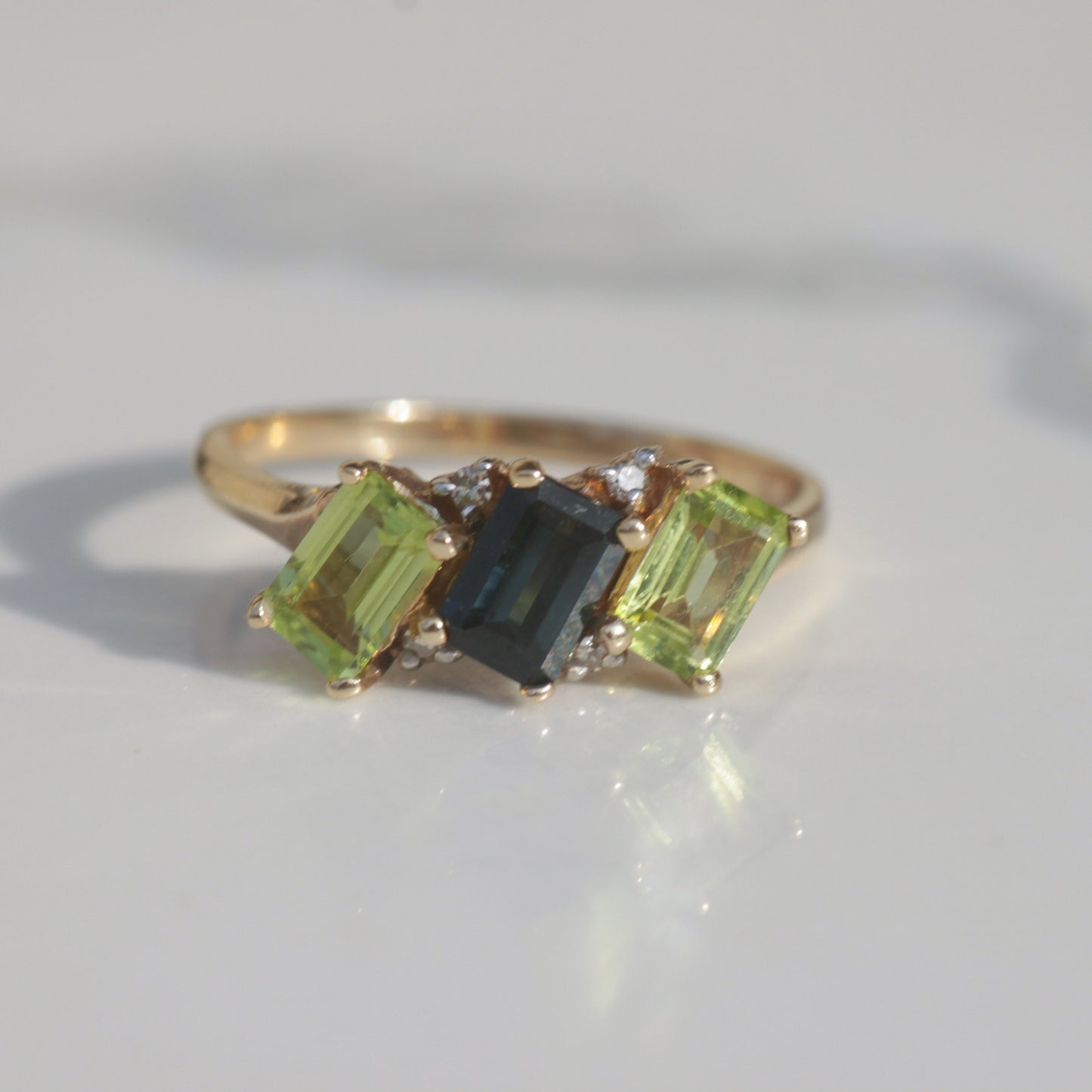 Vintage Tourmaline Peridot & Diamond Ring 14k Gold Sz 7 3/4