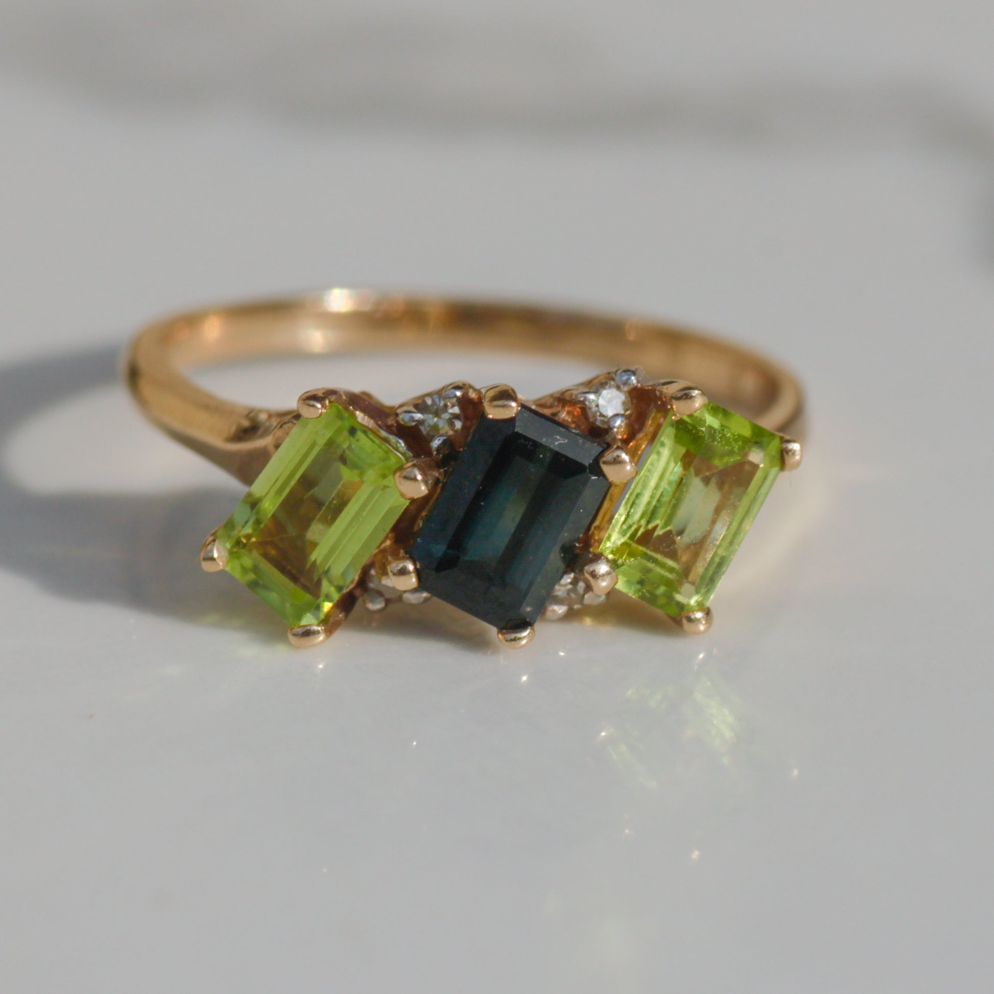 Vintage Tourmaline Peridot & Diamond Ring 14k Gold Sz 7 3/4