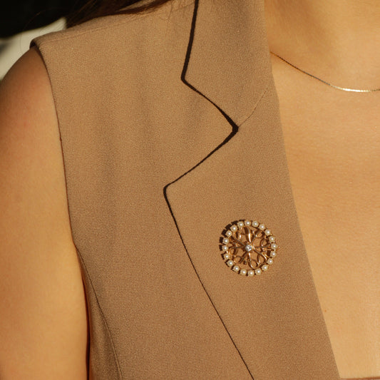 Vintage Diamond and Seed Pearl Avon Brooch 14k Gold