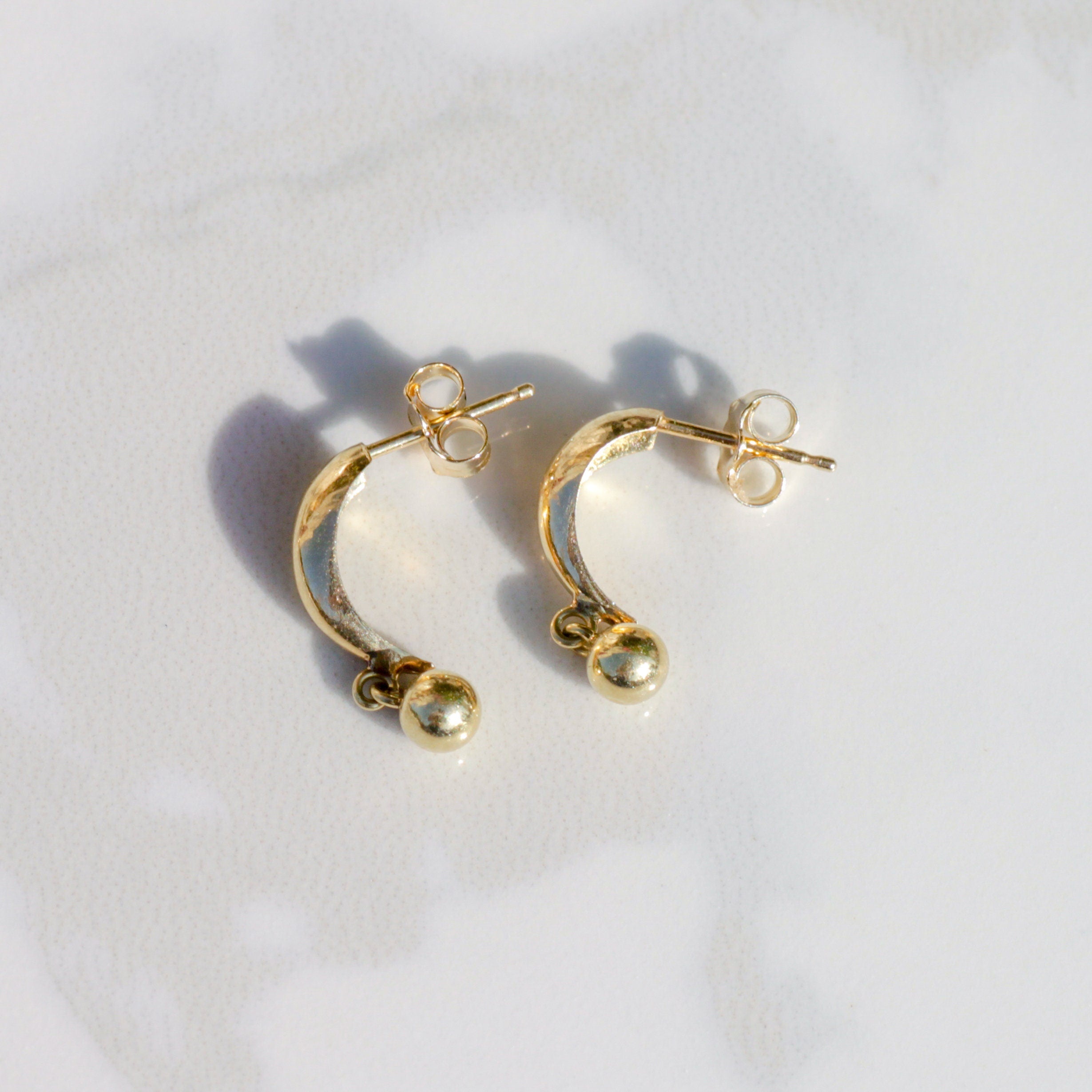 Vintage Huggie Half Hoop with Ball Dangle Earrings 14k