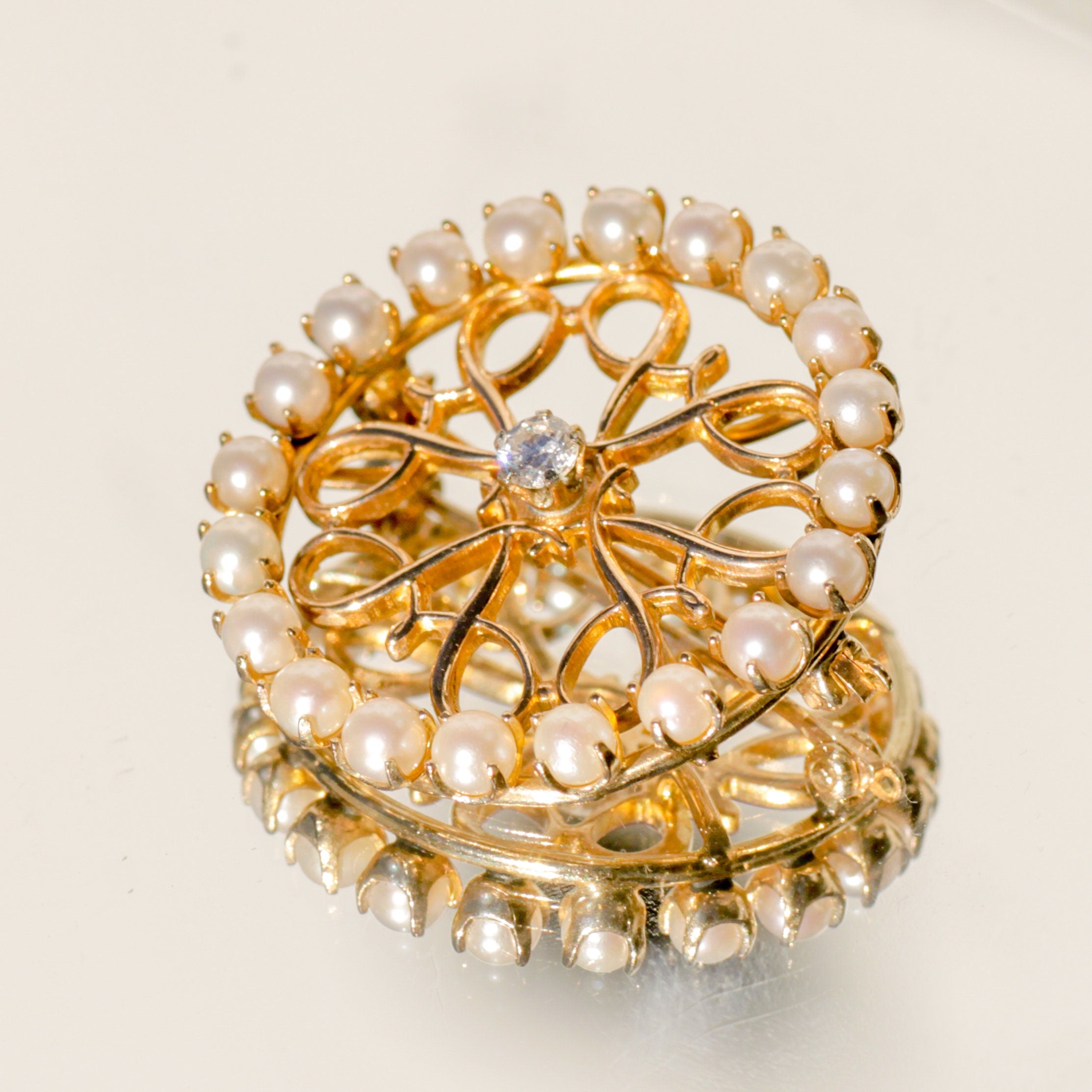 Vintage Diamond and Seed Pearl Avon Brooch 14k Gold