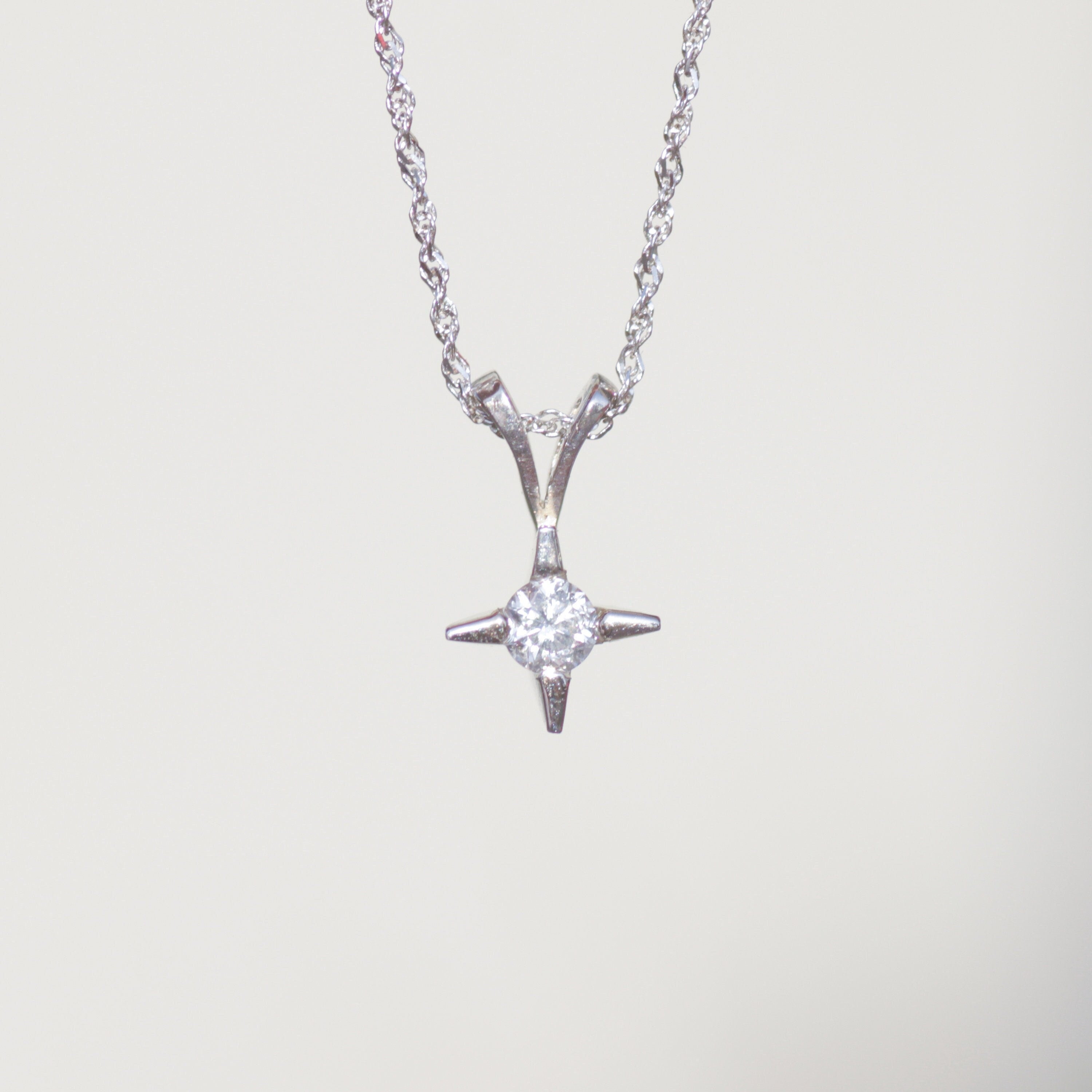 Vintage Diamond Star Pendant Necklace 14k White Gold