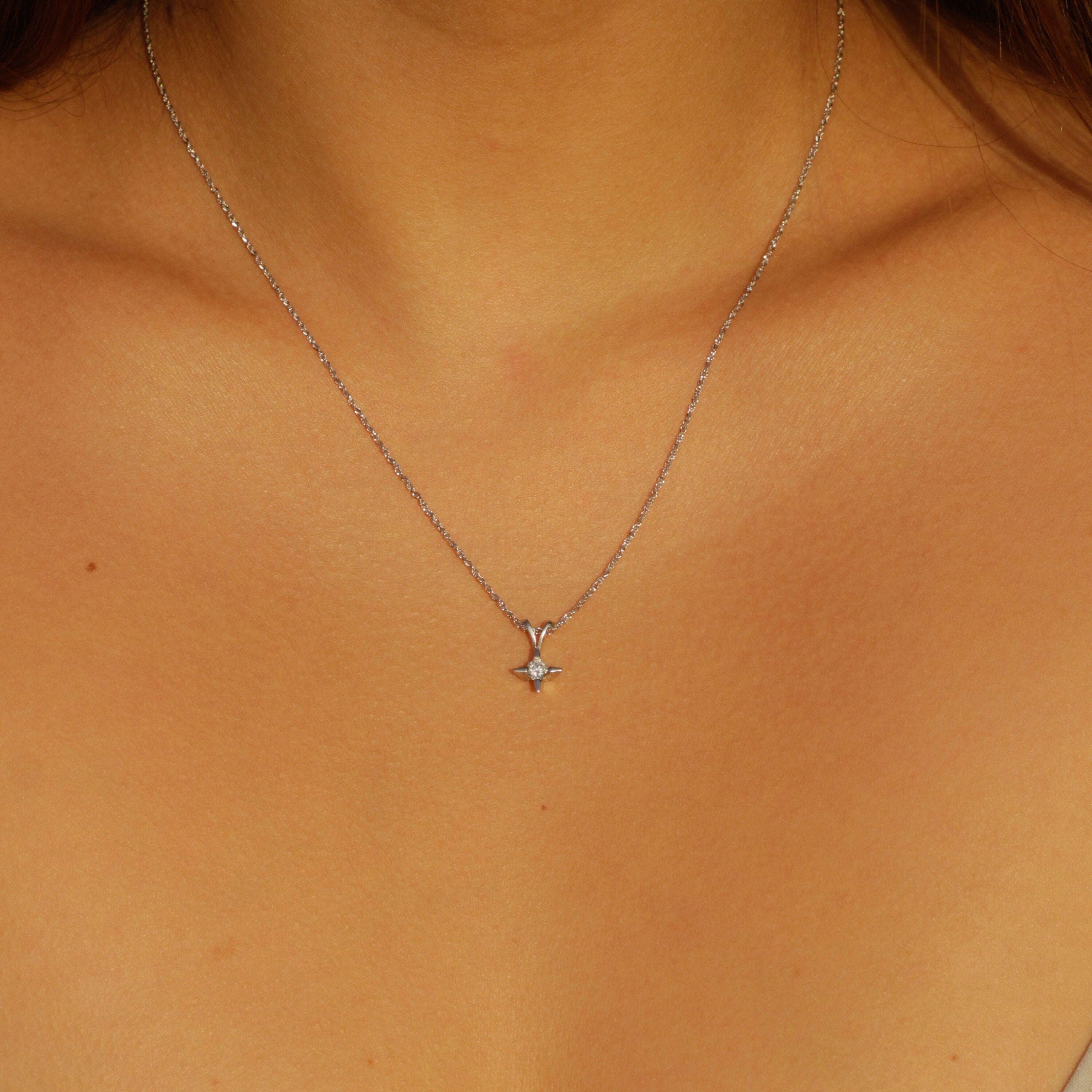 Vintage Diamond Star Pendant Necklace 14k White Gold