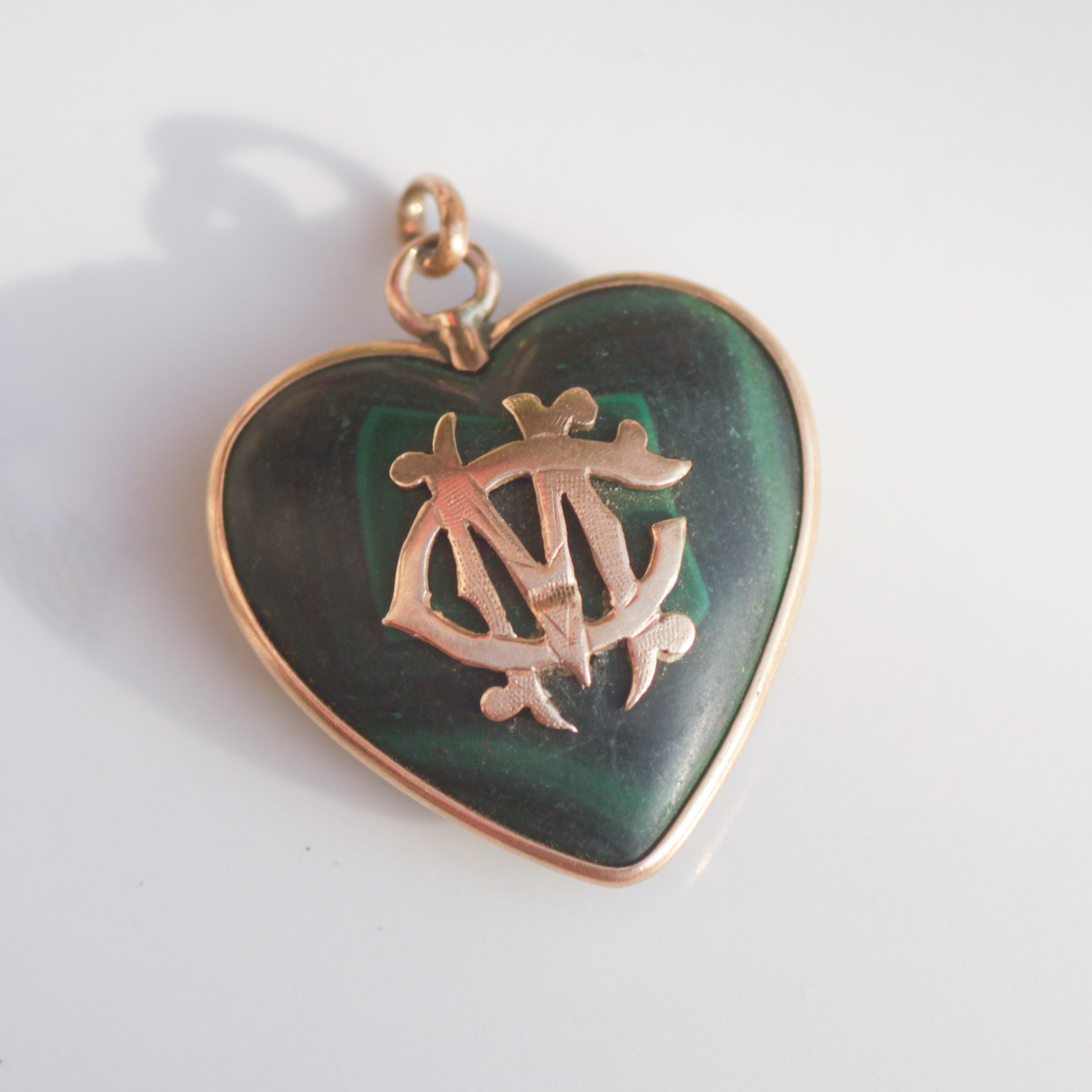 Antique Malachite "MC" Initial Heart Pendant 14k Gold