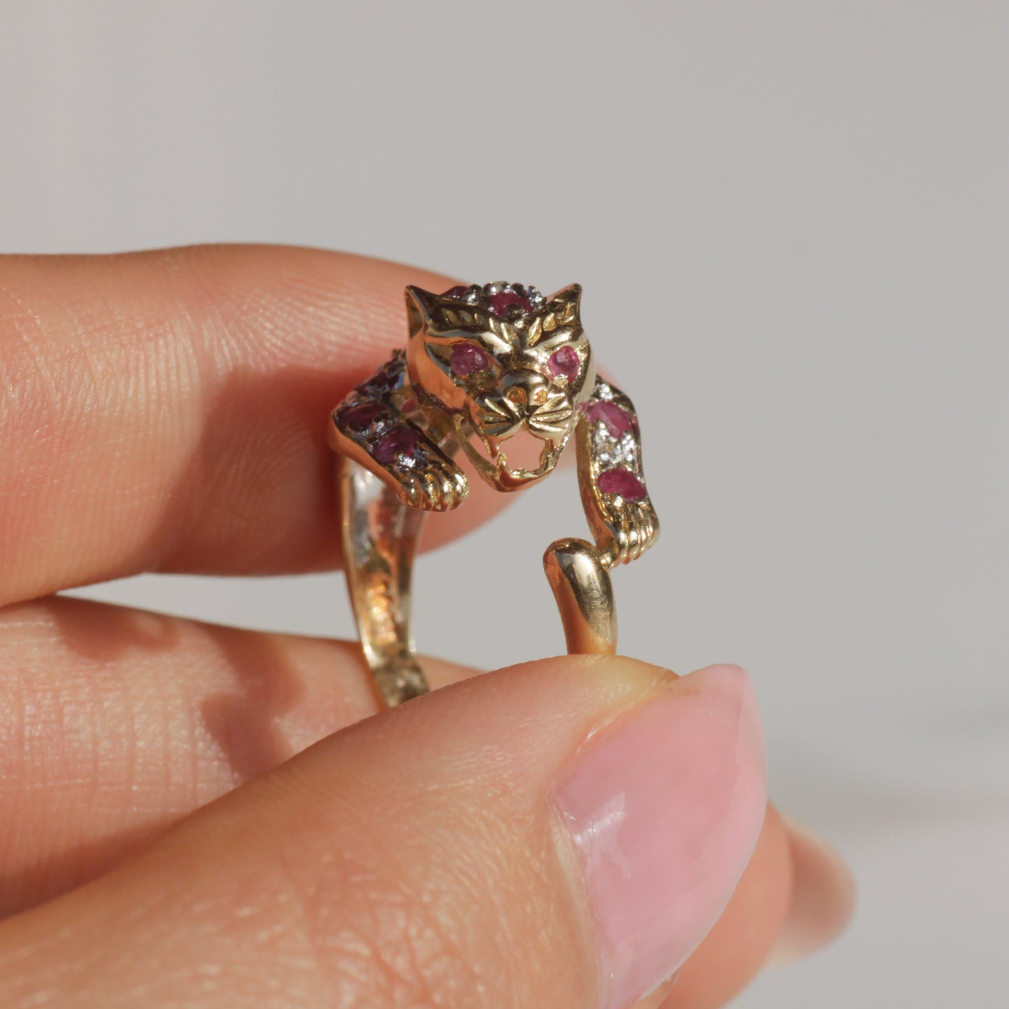 Vintage Ruby + Diamond Jaguar/Leopard Ring 14k Gold Sz 5