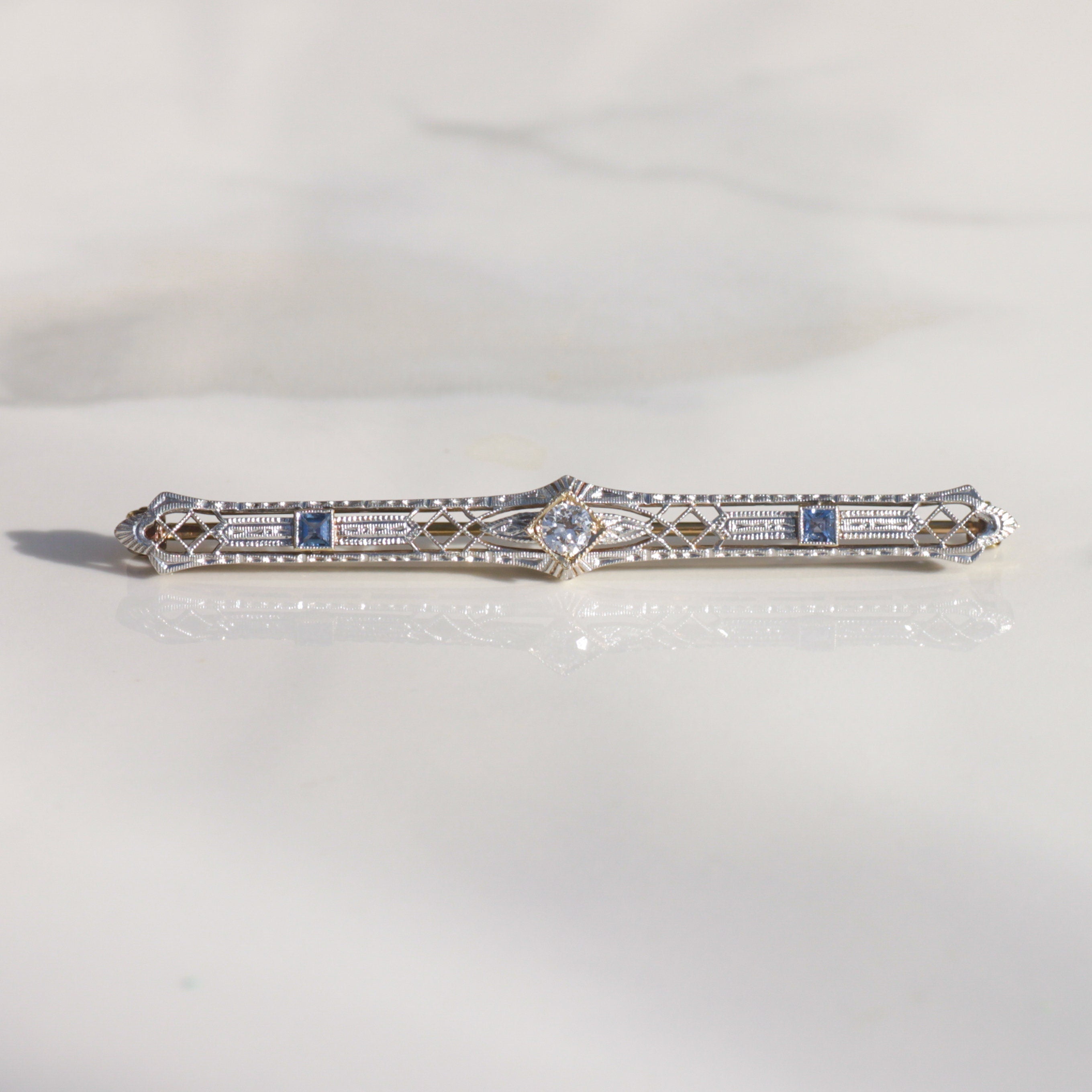 Antique Art Nouveau Diamond and Sapphire Bar Brooch Platinum + 14k Gold