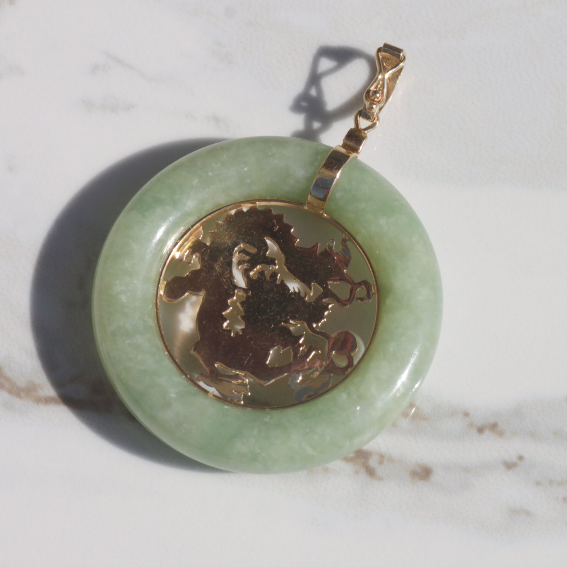 Vintage Jade Chinese Dragon Pendant 14k