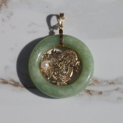 Vintage Jade Chinese Dragon Pendant 14k