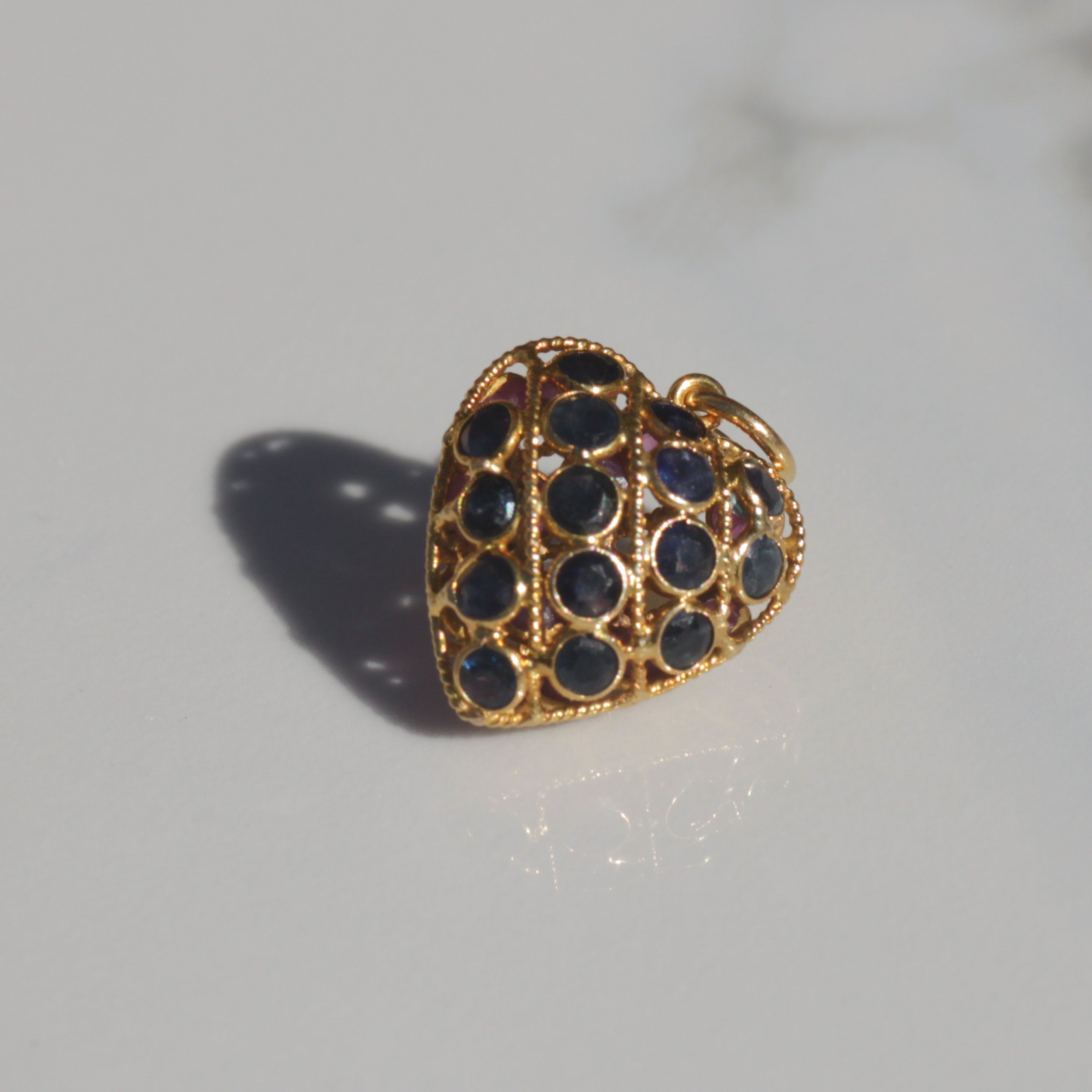 Vintage Double Sided Ruby/Sapphire Heart Pendant 14k