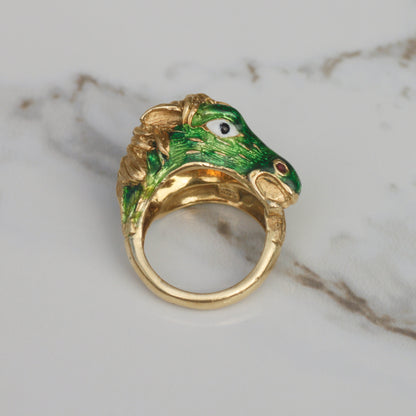 Vintage 1970s Green Enamel Horse Ring 18k Gold Sz 5 1/2