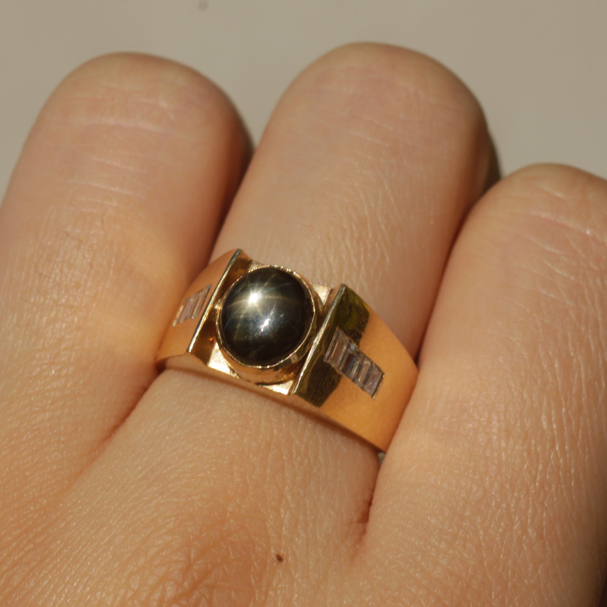 Vintage Black Double Star Sapphire and Diamond Ring 14k Gold Sz 6.75