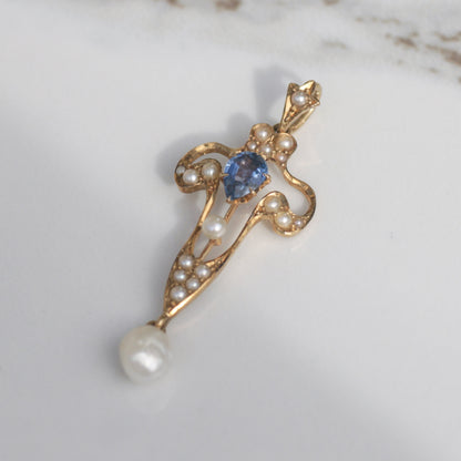 Edwardian Sapphire + Pearl Pendant 14k