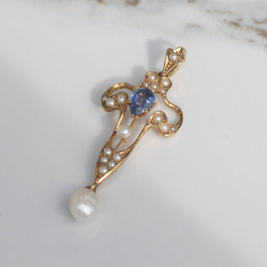 Edwardian Sapphire + Pearl Pendant 14k