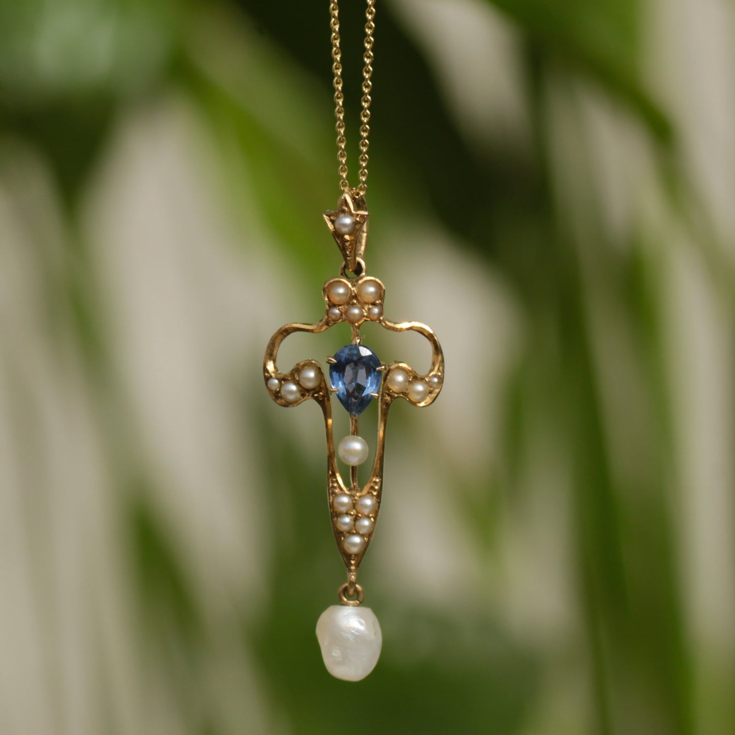 Edwardian Sapphire + Pearl Pendant 14k