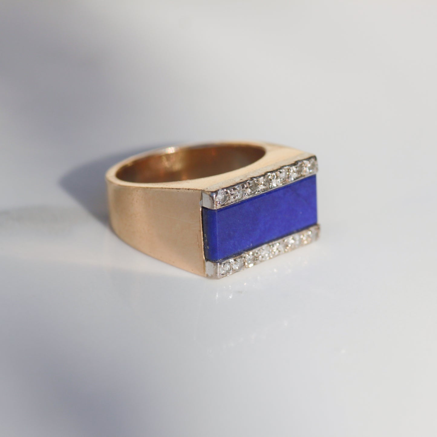 Vintage Lapis and Diamond Signet Ring 14k Gold Sz 6 1/2