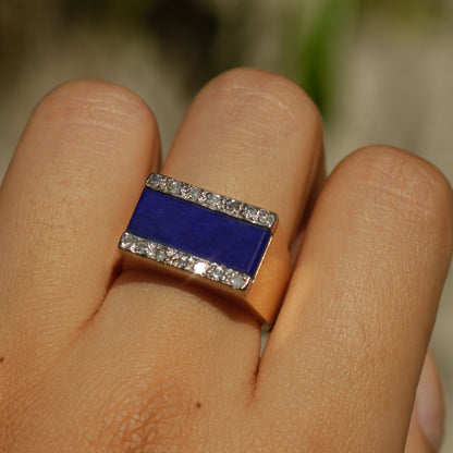 Vintage Lapis and Diamond Signet Ring 14k Gold Sz 6 1/2